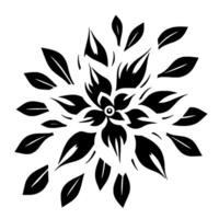 intricate monochrome floral mandala with sharp leaflike petals and a central flowerlike core, on a bright white backdrop. vector
