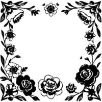 intricate black and white floral frame with detailed blooms and botanical accents, creating a delicate border. vector