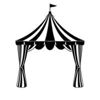 of a classic circus tent in black and white, featuring striped canopy and drape curtains with a flag on top. vector