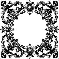 intricate, symmetrical floral frame with detailed black and white botanical illustrations, centered by an open circle. vector