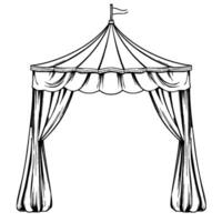 detailed black and white illustration of a circusstyle canopy tent with drapes and a flag on top, set against a white background. vector
