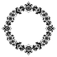 elegant black and white floral wreath, handdrawn with intricate details, creating a sophisticated circular for decorative purposes. vector