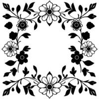 elegant symmetrical floral in black and white, featuring stylized blooms and leaves forming a circular frame, ideal for borders or decorative patterns. vector