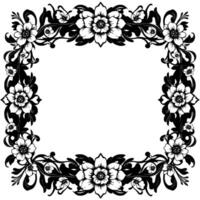 intricate black and white floral frame , featuring detailed flower and foliage pattern with a square empty space at the center. vector