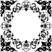 circular floral in black and white a symmetrical pattern of stylized flowers, leaves, and curved elements forming a border. vector