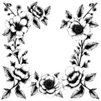intricate monochrome floral frame handdrawn, detailed botanical illustration with blossoming flowers and foliage, arranged in a circular composition. vector