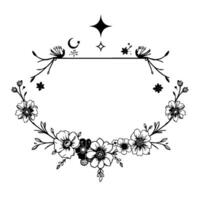 elegant black and white floral wreath with celestial embellishments and empty space for text or , perfect for invitations. vector