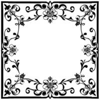 elegant black and white floral frame featuring symmetrical petals, swirls, and border elements. vector