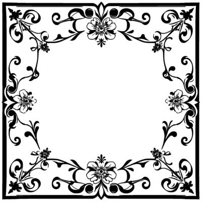 elegant black and white floral frame featuring symmetrical petals, swirls, and border elements.