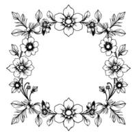 elegant black and white floral frame a symmetrical, handdrawn botanical border with delicate flowers, leaves, and ornate vines on a white background. vector