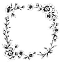 intricate black and white floral frame with detailed petals, leaves, and stems, creating a delicate and elegant border. vector