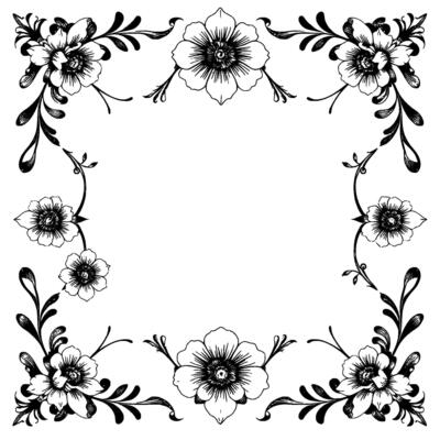 ornate black and white floral frame composition with detailed handdrawn flowers, vines, and decorative elements.