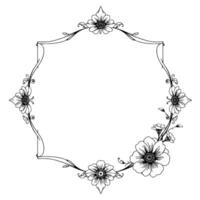 intricate floral frame black and white handdrawn botanical illustration with daisylike flowers, elegant scrollwork, and geometric border. vector