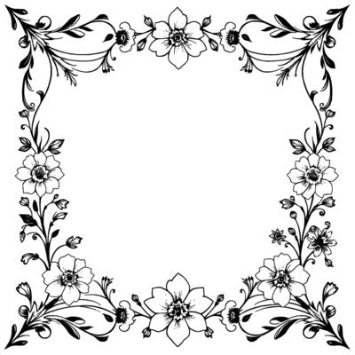 intricate black and white floral frame border of detailed flowers, leaves, and vines, ideal for decoration.