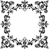 intricate floral frame in black and white symmetrical ornamental , blossoms with vines, curls, and dots, with blank center. vector