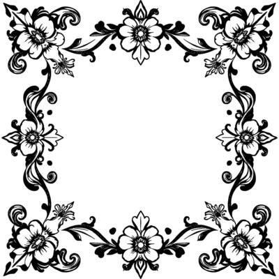 intricate floral frame in black and white symmetrical ornamental , blossoms with vines, curls, and dots, with blank center.