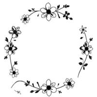 elegant black and white floral frame with delicate blossoms, leaves, and branches arranged in a circular pattern for invitations, cards, or decorative elements vector