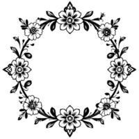 detailed, symmetrical floral wreath in black and white with stylized flowers, leaves and decorative accents, creating a circular frame. vector