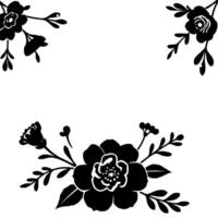elegant floral frame illustration black outline of stylized blossoms, leaves, and buds arranged in a decorative composition on a white background. vector