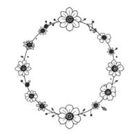 delicate black white floral wreath illustration, featuring various flower types arranged in a circular frame, offering space for text. vector