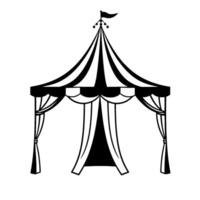 a symmetrical, monochrome illustration depicting a circus tent with striped roof, draped curtains, and a flag atop a central pole, set against a stark white backdrop. vector