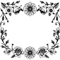 detailed black and white floral frame with a variety of flower styles, embellished with leaves and twirls, against a white background. vector