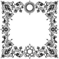 intricate black and white floral frame illustration featuring sunburst element and detailed botanical borders with negative space for text. vector