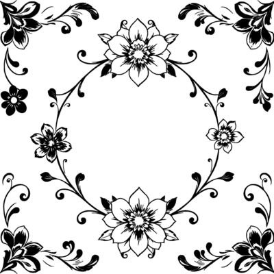 elegant black white floral frame with decorative vines and swirls, symmetrical .