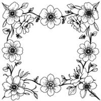 intricate botanical floral frame with detailed line art of poppies and blossoms adorning a blank square. vector
