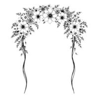 elegant floral arch with detailed line art depicting an array of blossoms and delicate foliage, evoking a graceful, timeless aesthetic on white. vector