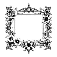 intricate black and white floral frame with ornate details, clock, baroque style, and botanical elements vector