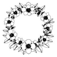 intricate black and white floral wreath, detailed line art composition featuring anemone flowers with lush leaves, elegant decorative element. vector