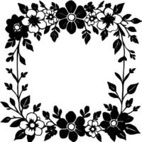intricate floral frame in monochrome, showcasing a symmetrical botanical arrangement of leaves, flowers, and stems around a white empty space. vector
