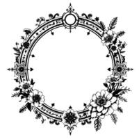intricate black and white circular frame adorned with floral elements, ornamental designs, and delicate feather accents, isolated on white. vector