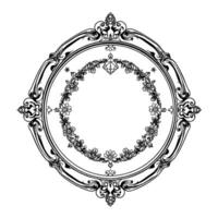 intricate black and white ornamental frame enclosing a floral wreath with diamondlike element on white background. vector