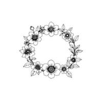 delicate handdrawn floral wreath composed of various flowers and leaves, rendered in intricate black lines on a clean white background. vector