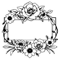 elegant floral frame in black and white, featuring various blossoms, leaves, and a rectangular space for text or elements. vector
