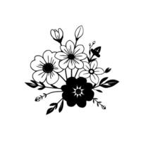floral bouquet in monochrome featuring a collection of various flower types, buds, and foliage elegantly arranged against a white background. vector