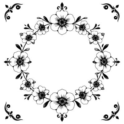 intricate black and white floral wreath, symmetrical , with corner flourishes, ideal for invitations or decorative framing.