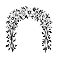black and white floral arch illustration, featuring stylized flowers and foliage, creating a decorative frame with a botanical and elegant . vector