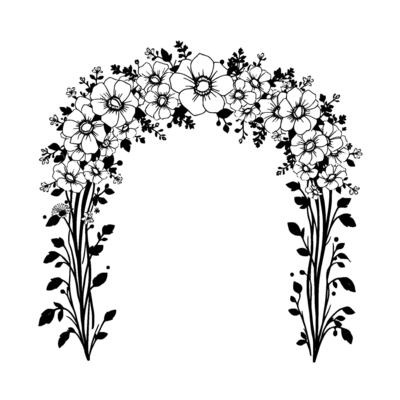 black and white floral arch illustration, featuring stylized flowers and foliage, creating a decorative frame with a botanical and elegant .