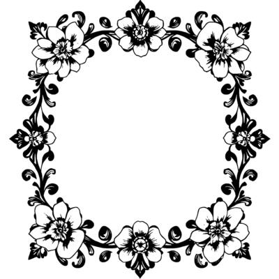 intricate black and white floral frame detailed illustration with a circular composition, showcasing flowers, vines, and leaves for decoration.