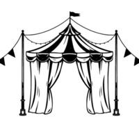 monochromatic circus tent illustration stripped black white canopy with curtains, flags, and string lights, a symbol of entertainment and nostalgia. vector