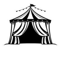bold black and white circus tent illustration with curtains, flag, and string lights, isolated on white. vector