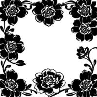 elegant floral frame in black and white, featuring detailed peony blooms and intricate leafy vines, ideal for decorative use. vector