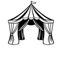 black and white illustrated circus tent with a flag on top, curtains and striped roof in a clean and simplified style vector