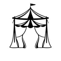 silhouette of a classic circus tent black and white drawing with arching entrance, striped top, flag, and flowing curtains. vector