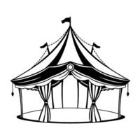 black and white illustration of a detailed circus tent with flags, curtains, and a hexagonal detail. vector