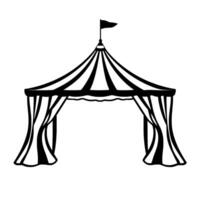 a minimalist black and white illustration of a circus tent, featuring striped roof and draped entrances, topped with a small flag. vector