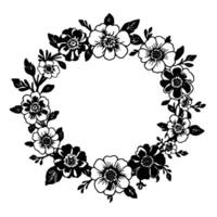 a monochrome floral wreath illustration, featuring stylized flowers and leaves arranged in a symmetrical circular on a white background. vector